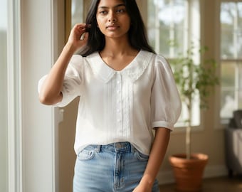 1990s Vintage White Organza Victorian Style Blouse, Size 8 | Retro Summer Fashion Statement