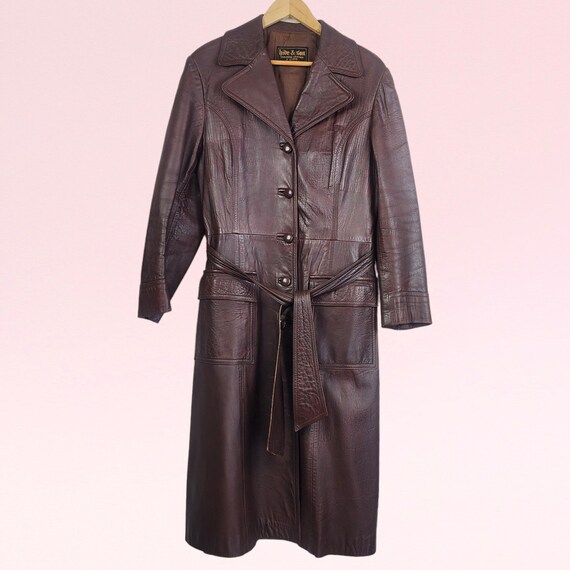 Vintage 70s Retro Long Leather Brown Coat, Size 1… - image 9