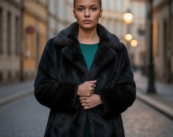 May include: A black faux fur coat with a wide collar and long sleeves, worn over a solid dark green top. The coat features a thick, textured pile and a straight hemline that falls to the hip, providing a structured look with a soft finish.