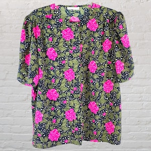 1990s Vintage Pink Floral Shirt Blouse, Size 14 | Retro Summer Office Fashion