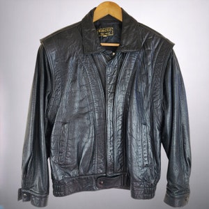 Retro 80s Black Leather Bomber Jacket Vintage Men