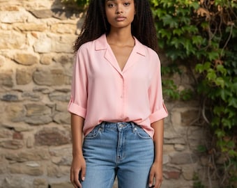 Vintage Vibes: 1980s Women's Pink Half Sleeve Shirt