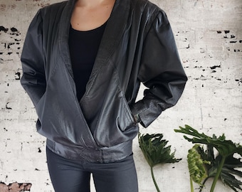 1980s Vintage Black Leather Bomber Jacket - Black, Size 10 | Retro Winter Fashion