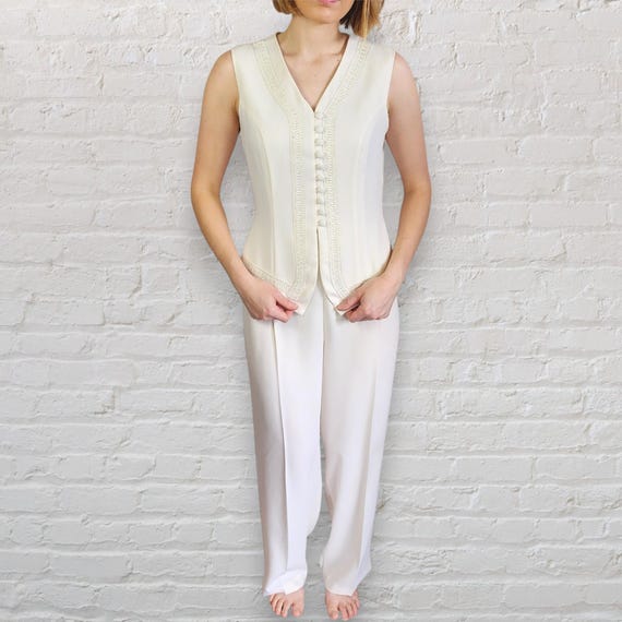 1990s Vintage Cream Crepe Embroidered Pants Suit - Pants /Vest, Size 10 | Retro Summer Fashion