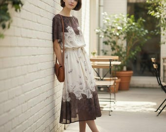 Boho Chic Cream Brown Sheer Dress, Size 10 - 1970s Vintage Summer Style
