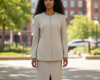 90s Linen Blend Skirt Suit Set: Vintage Beige Size 12