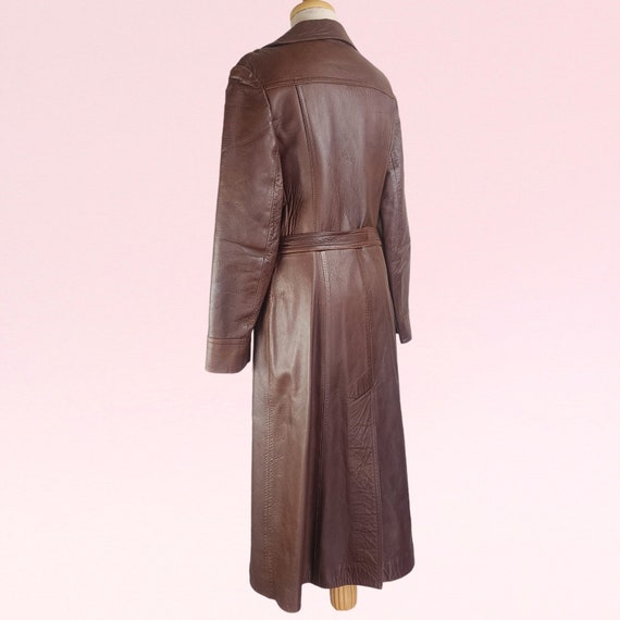 Vintage 70s Retro Long Leather Brown Coat, Size 1… - image 7