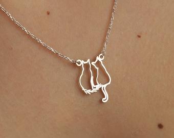 Sterling Silver Two Cats Necklace, Cute Cats Necklace, Animal Necklace, Animal Jewelry, Cat Lover Gift, Tow Cats Together Pendant