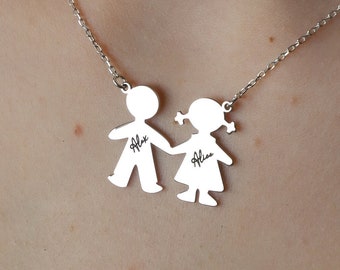 Silver Girl and Boy Silhouette Necklace, Custom Name Necklace, Kids Name Necklace, Personalized Kids Jewelry, Name Jewelry