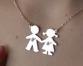 Custom Little Kids Silhouette Necklace, Girl and Boy Necklace, Personalized Kids Name Necklace, Kids Name Pendant, Unique Gift for Mom