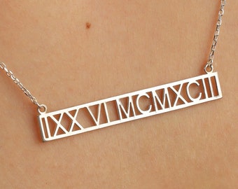 Dainty Custom Date Necklace, Roman Numeral Necklace, Anniversary Date Necklace, Personalized Date Necklace, Silver Bar Necklace