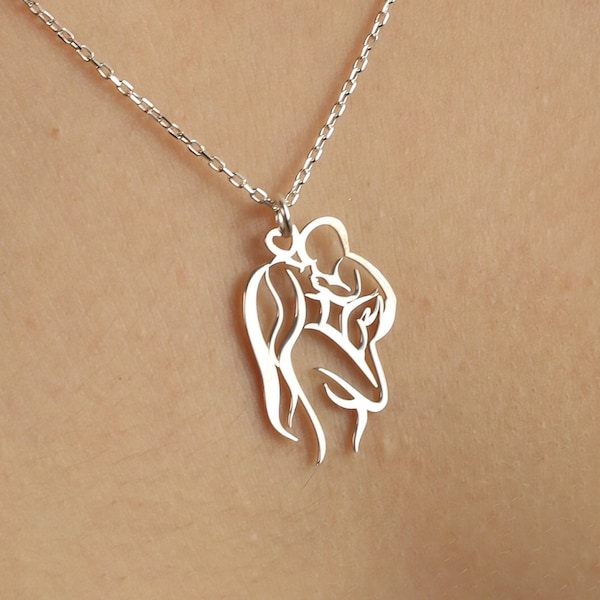 Collier silhouette mère et bébé, collier maman et bébé en argent, cadeau nouvelle maman, pendentif maman et enfant, collier minimaliste line art