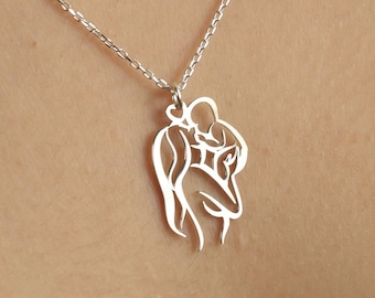Sterling Silver Mother and Baby Necklace: Minimalist Line Art Pendant