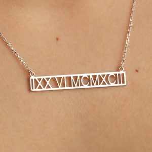 Sterling Silver Custom Roman Numeral Necklace, Roman Numbers Birth Date Bar, Custom Date Necklace, Personalized Gift, Gift for Her