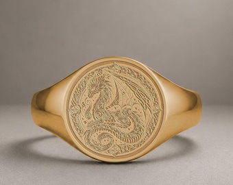 Drakenzegelring in massief goud, middeleeuwse fantasiesieraden voor mannen en vrouwen, gotisch Vikingcadeau