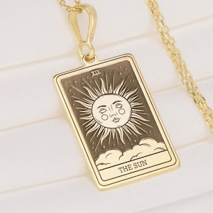 The Sun Tarot Card Necklace, Celestial Solid Gold Tarot Necklace, Boho Spiritual Jewelry, Tarot Gift for Her, Joyful Tarot Necklace