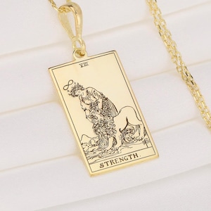 14K Gold Strength Tarot Card Necklace, Inner Power Symbol Jewelry, Infinity Lion Tarot Necklace, Lion Tarot Card Necklace, Esoteric Necklace