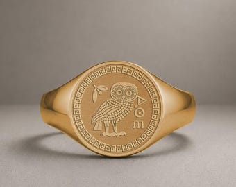 Anello con gufo Atena in oro massiccio, gioiello con sigillo della mitologia greca, anello simbolo di saggezza per donne e uomini