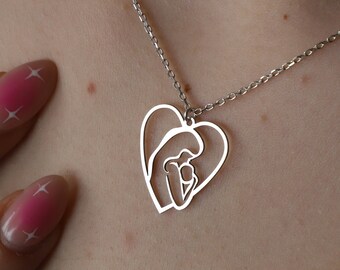 Sterling Silver Mom and Baby Heart Necklace: Mother's Gift
