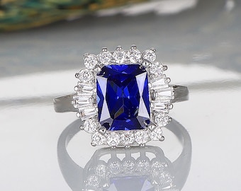 Bague saphir taille coussin : bague de fiançailles halo en argent sterling