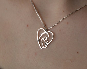 Sterling Silver Mom and Baby Heart Necklace: Mother's Gift