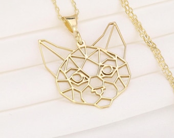 Collar con colgante geométrico de gato origami en oro macizo de 14 quilates y plata de ley: