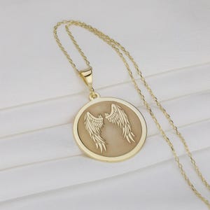 Solid Gold Angel Wings Necklace, Guardian Angel Necklace, Spiritual Protection Jewelry, Memorial Jewelry Gift, Celestial Wing Necklace