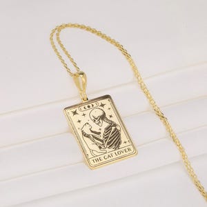 Silver The Cat Lover Tarot Card Necklace, Witchcore Feline Jewelry, Skeleton Cat Lover Charm Necklace, Cute Occult Gift for Cat Mom
