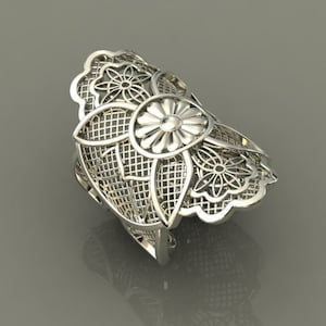 Sterling Silver Filigree Flower Ring, Handmade Floral Statement Ring, Boho Lace Jewelry, Vintage Large Thumb Ring, Perfect Gift for Her