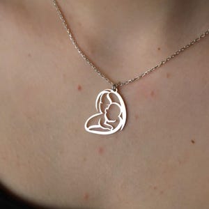Silver Mother Holding Sleeping Baby Necklace, Silhouette Mom and Child Pendant, Motherhood Jewelry, New Mom Gift, Mother’s Day Necklace