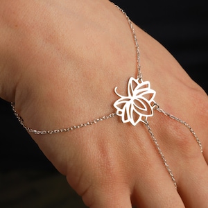 Pulseira de corrente de mão de lótus de prata esterlina 925K, joias boho minimalistas para mulheres, pulseira de flor de lótus, joias de ioga espiritual ajustáveis