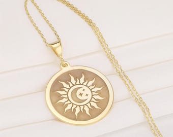 14K Solid Gold & Sterling Silver Celestial Necklace: Sun and Moon Jewelry