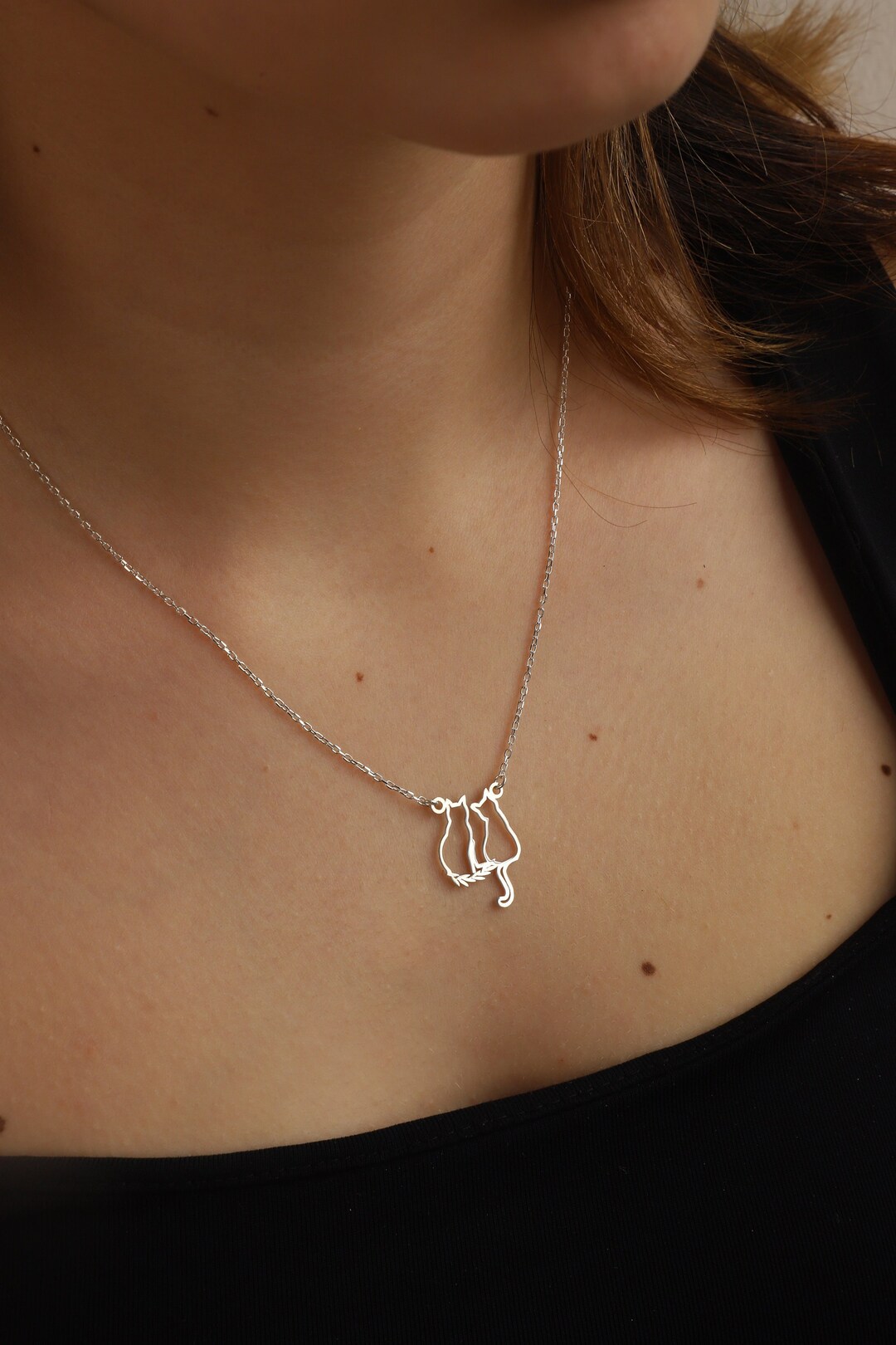 Sterling Silver Two Cats Necklace, Cute Cats Necklace, Animal Necklace
