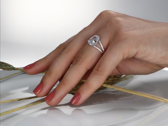 Oval White Zircon Ring: Split Shank Sterling Silver Promise Ring