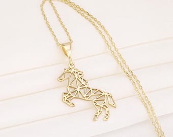 Origami Horse Necklace: 14K Solid Gold & Sterling Silver Artistic Horse Jewelry