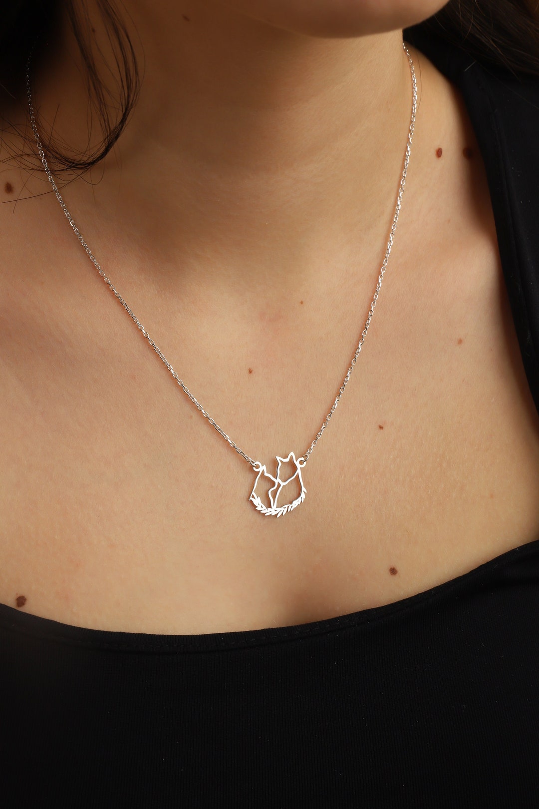 Two Cats Necklace, Silver Cats Necklace, Cute Cats Pendant, Animal