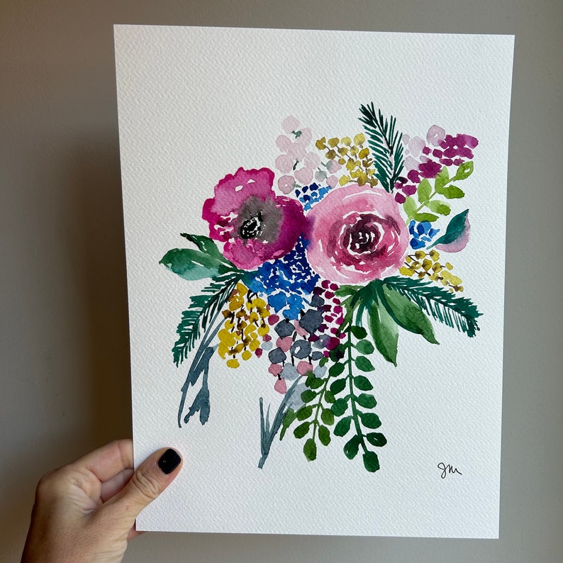 Original watercolor painting, pink roses with accent floral and foliage image 3