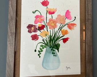 Watercolor painting mini poppy flowers blue vase original watercolor painting home decor home decorating wall art office decor