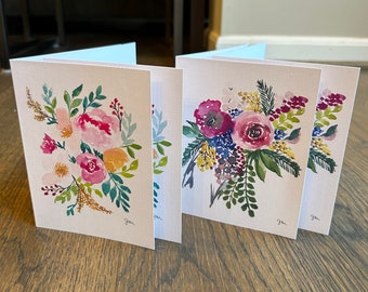 Set of 4 floral watercolor print blank notecards with brown craft envelopes