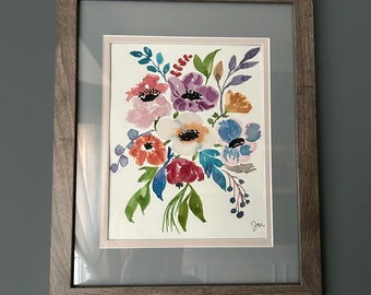 Array of colorful blooms surrounded by unique greenery - original watercolor painting