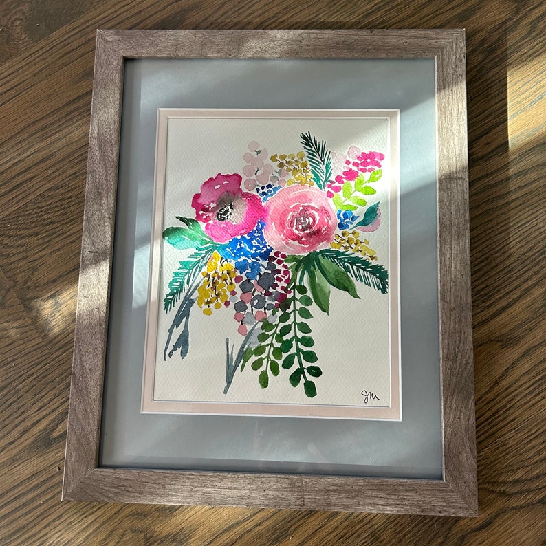 Original watercolor painting, pink roses with accent floral and foliage image 1