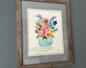 Unique floral watercolor bouquet in a turquoise vase