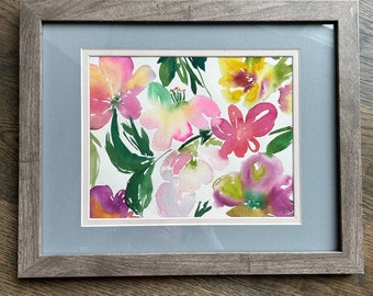 Original watercolor painting, abstract floral and foliage