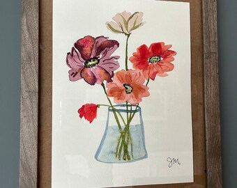 Original watercolor painting poppies in a vase simple painting home decor office decor home decorating wall art