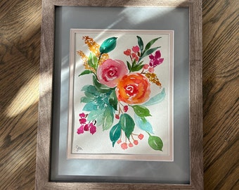 Original watercolor painting, pink and orange roses with accent floral and foliage