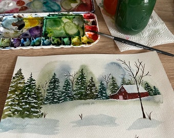 Original watercolor painting, snowy landscape, Christmas trees, tree painting, holiday decor