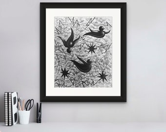 BIRDS IN STORM Framed Drawing on Paper 1 of 1 Surrealism Wall Art Original Artwork
