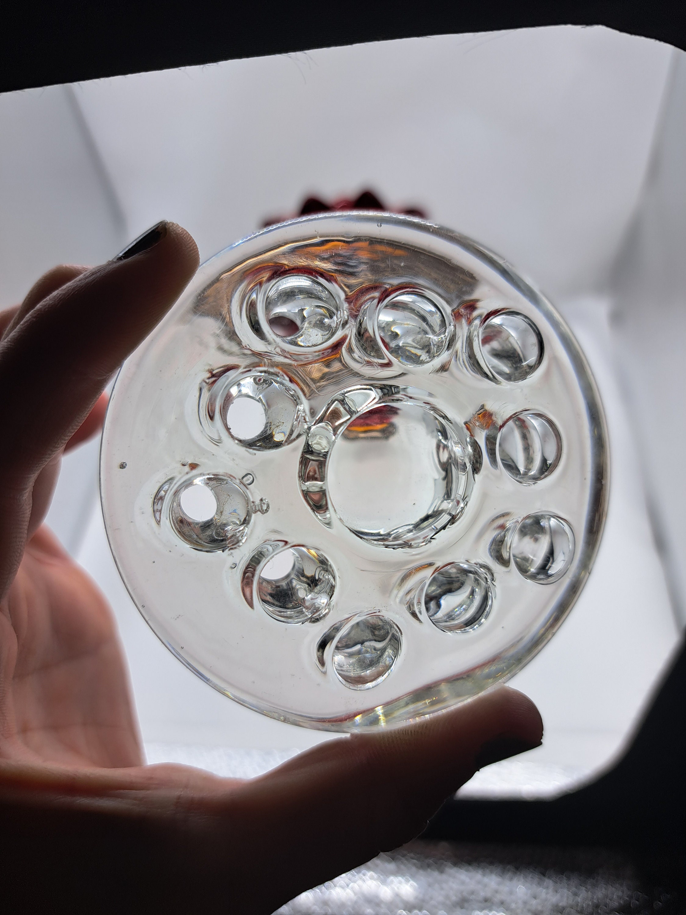 骨董　時代ガラス　希少！５色吹雪紋　六角　フリル脚付　金魚鉢型　菓子器　飴入れ Viking Glass 5