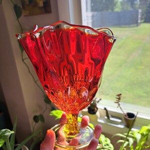 Fenton red/amberina ruffled thumbprint compote on pedestal