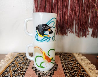 Vintage Anchor Hocking Fire King Milk Glass Birds Mugs Blue Jay